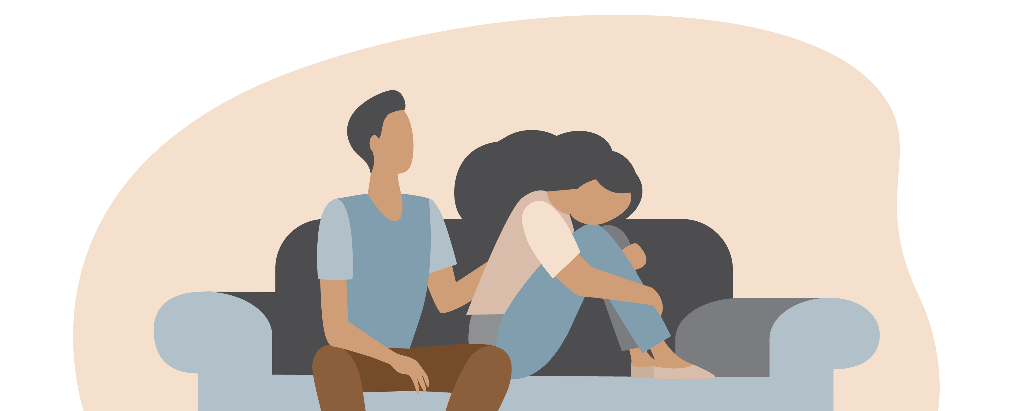 Artboard 7 illustration of a man and woman on couch. woman has legs curled up under her and head down. man has hand on her back.
