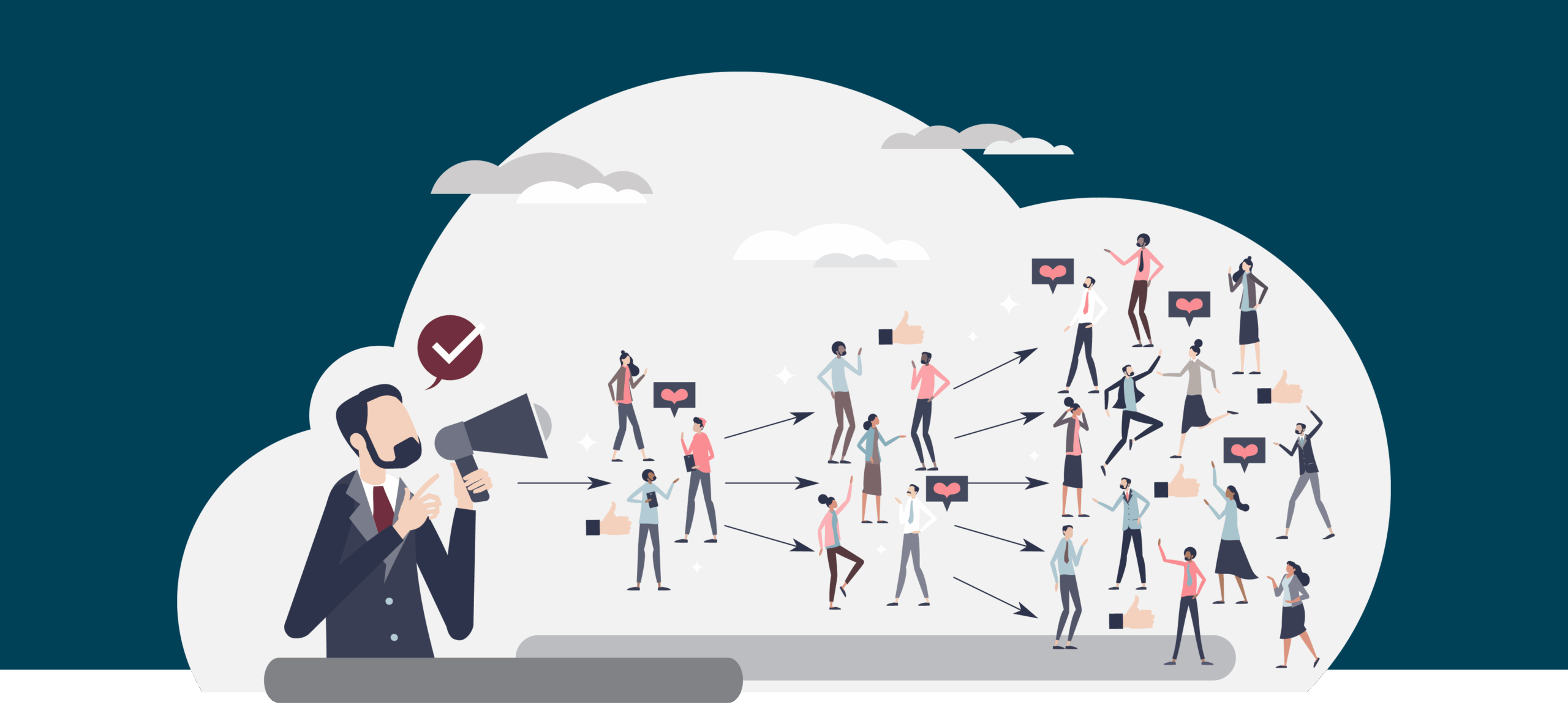 cropped man with megaphone speaking to three people. Those people speaking to 5 people. those people speaking to 10 people.